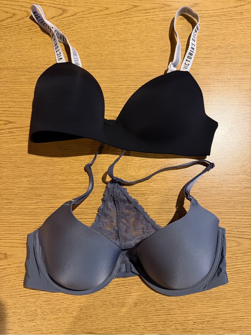 Victoria's Secret Black and Gray Molded Bras with Branded Straps